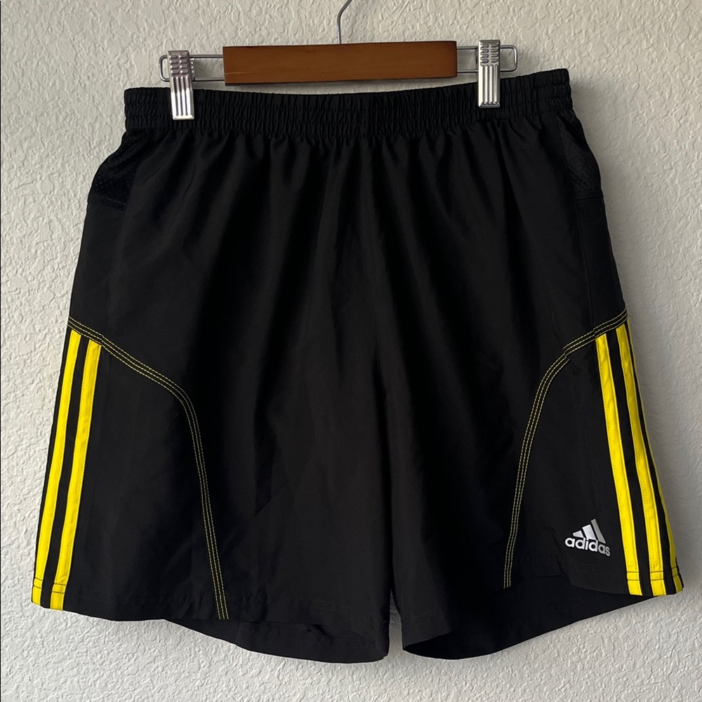adidas Black Response Athletic Shorts with Yellow Stripe Accents